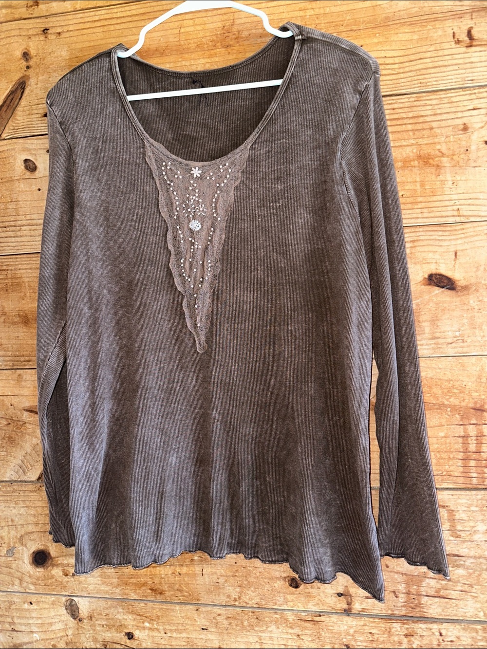 Vintage Whimsical Witchy Boho Cottagecore 
Long Sleeve Ribbed Lace Shirt
